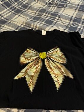 Women’s Black Short-Sleeve Tee with Baseball Softball Bow Graphic